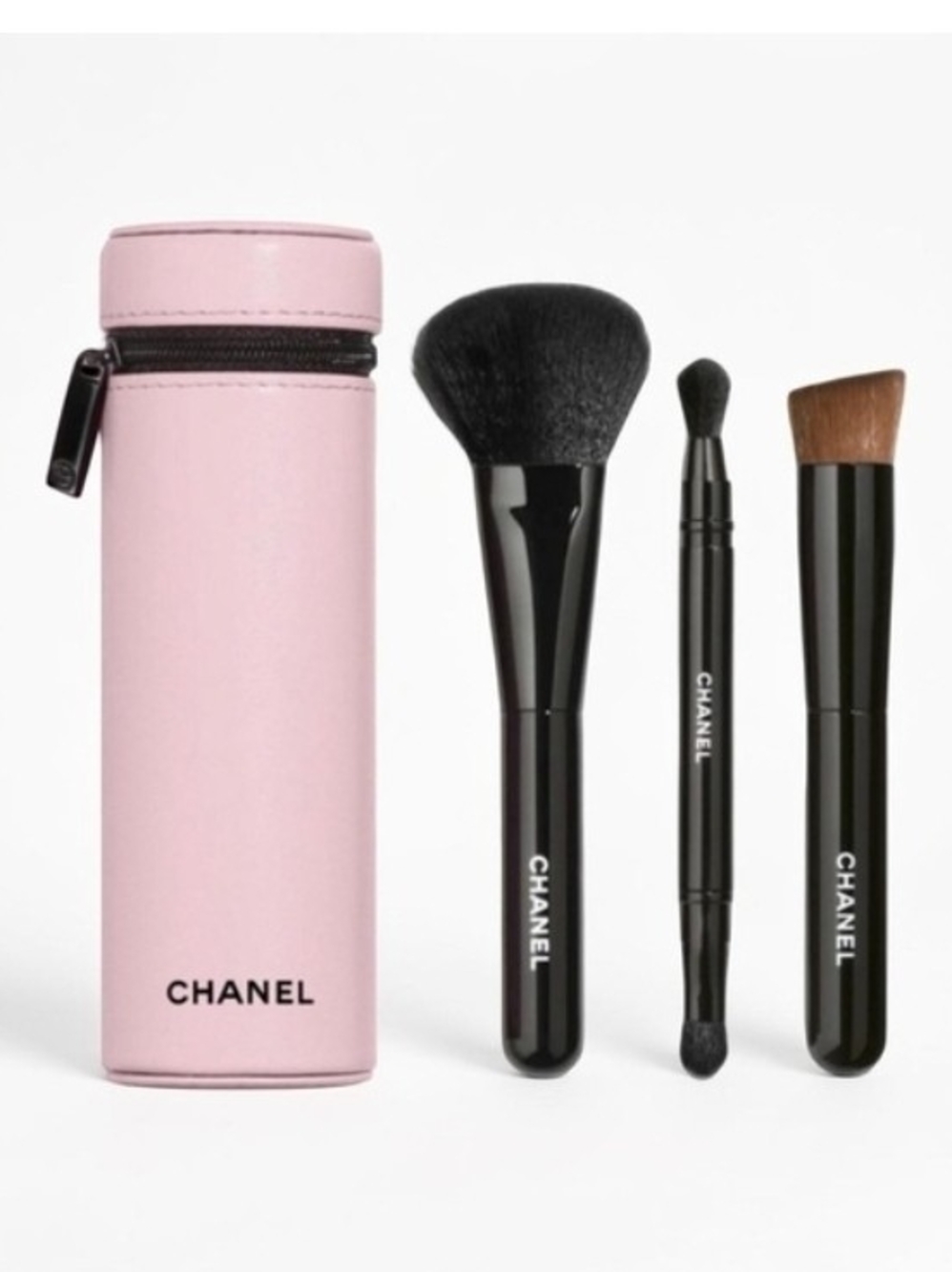 CHANEL Black Handle Makeup Brush Set with Pink Travel Case